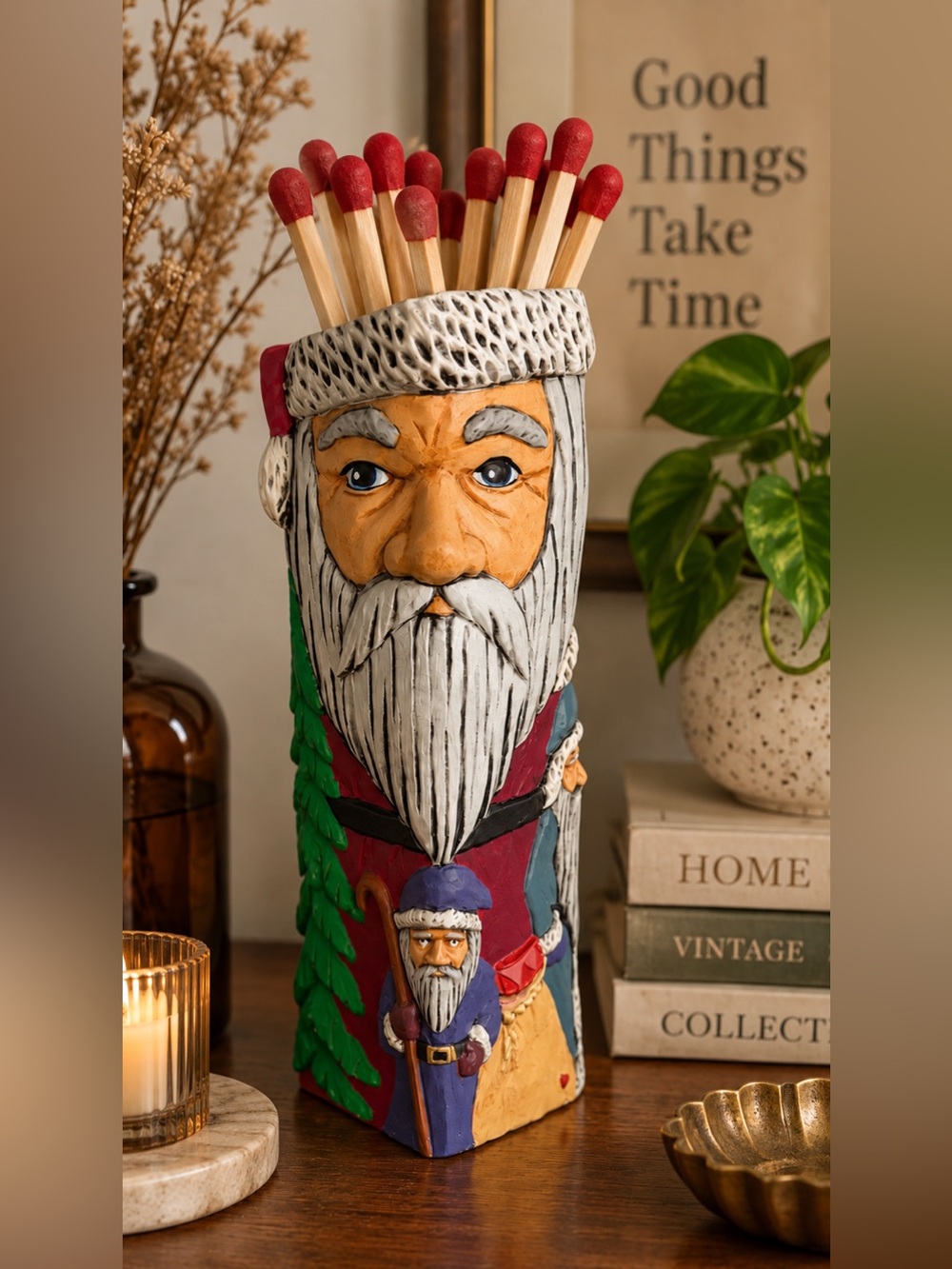 Vintage Hand Painted Santa Tall Match Holder Folk Art Christmas Decor